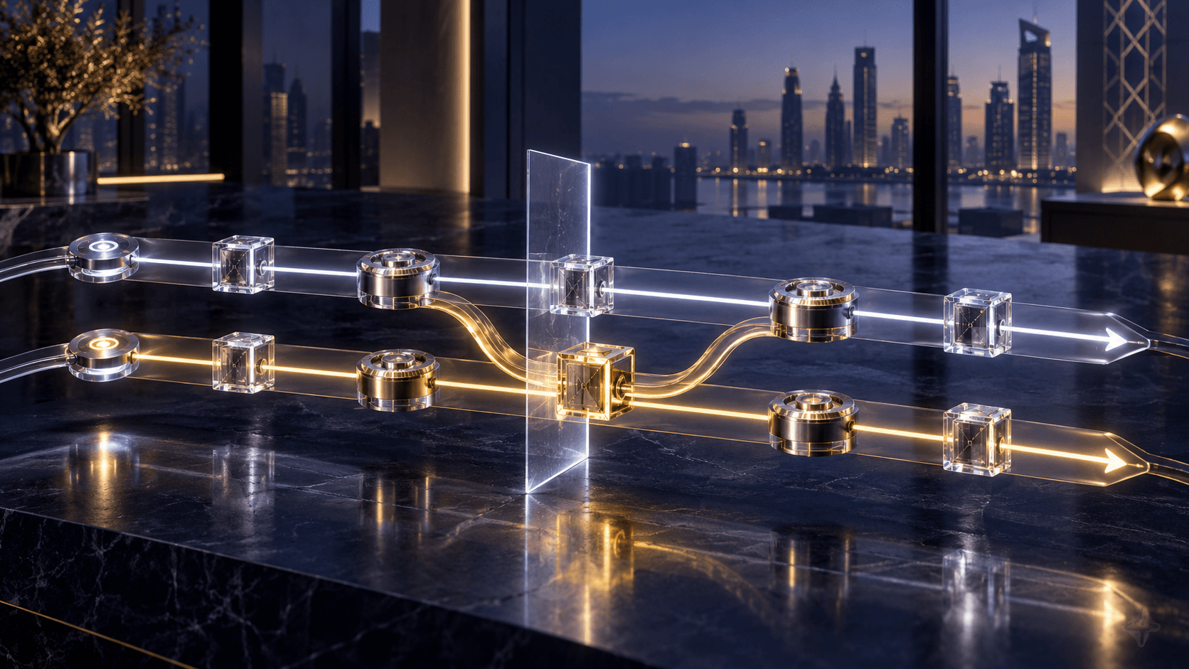 White and gold execution paths pass through a glass inspection plane, with a gold route diverging in a conceptual Gulf technology studio.