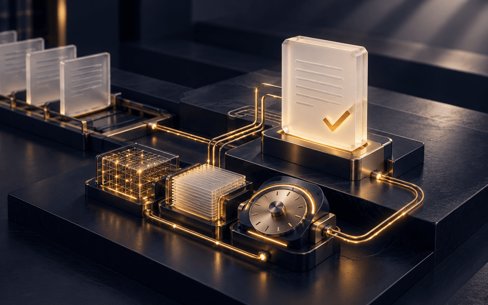 An accepted business-document tile connects to compute, document and time modules through gold channels, with unfinished records nearby.