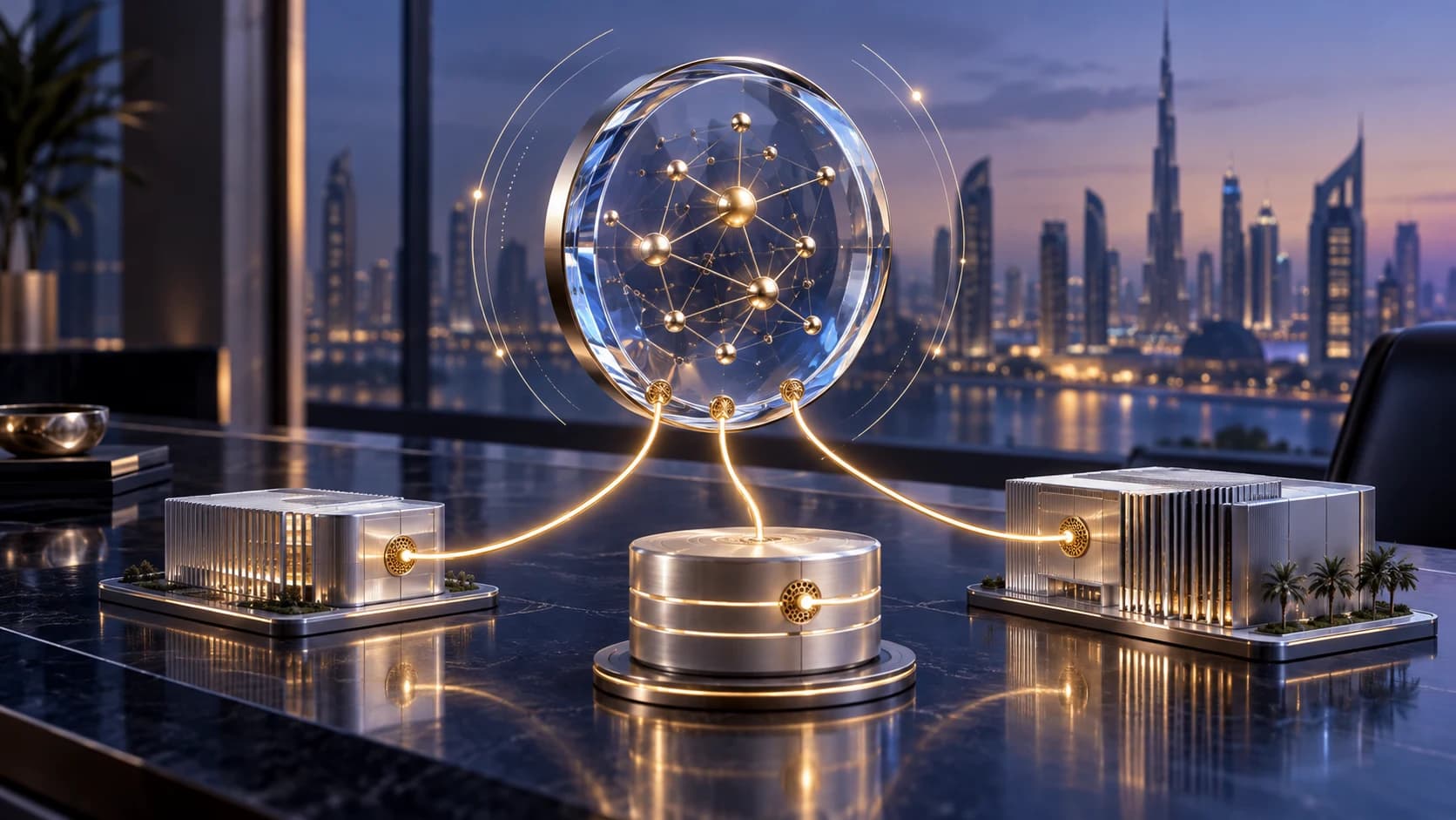 A glass digital identity seal containing a gold network connects to three enterprise resources in an imagined Gulf business setting.