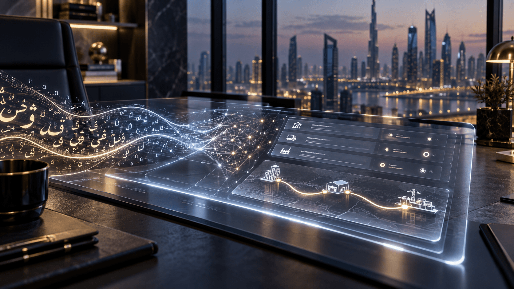 Arabic letterforms flow through a luminous intelligence network into a conceptual business operations console in a Gulf office.