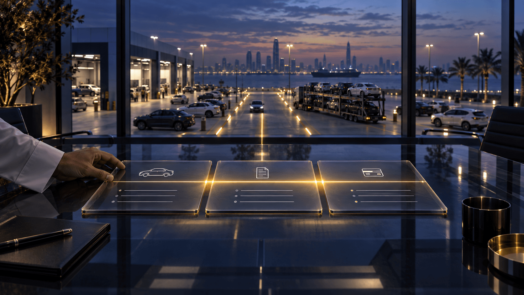 Three illuminated transaction panels align with a vehicle dispatch lane beyond a Gulf operations room.