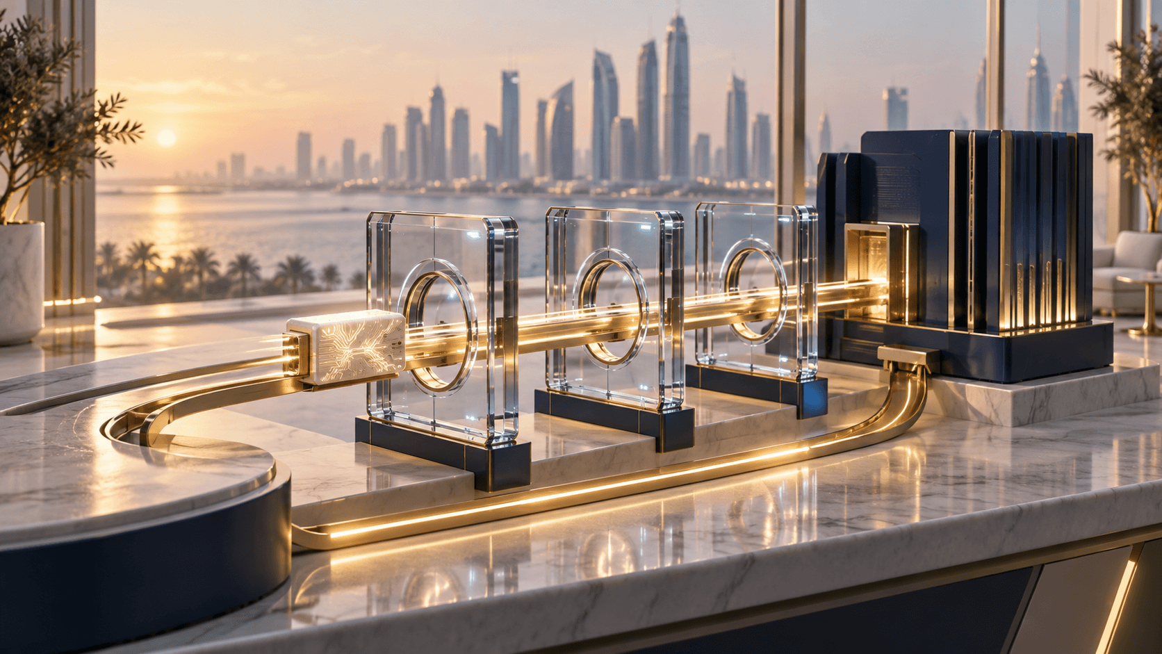 Conceptual software module moving through glass verification gates into navy infrastructure, with a gold return path and Gulf-inspired skyline.