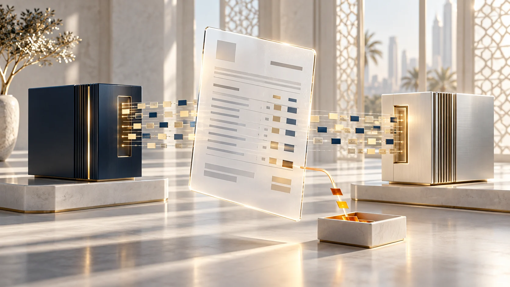A translucent invoice exchanges structured gold and navy data between two enterprise systems, with an amber exception path.